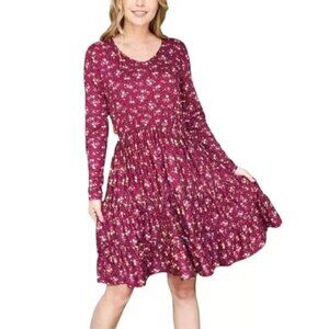 Burgundy Red Floral Tiered Ruffled Midi Dress M